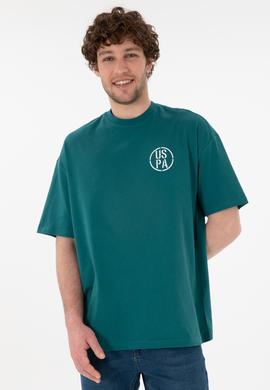 Erkek Oversize Fit Bisiklet Yaka Koyu Yeşil Tişört - 50305904058