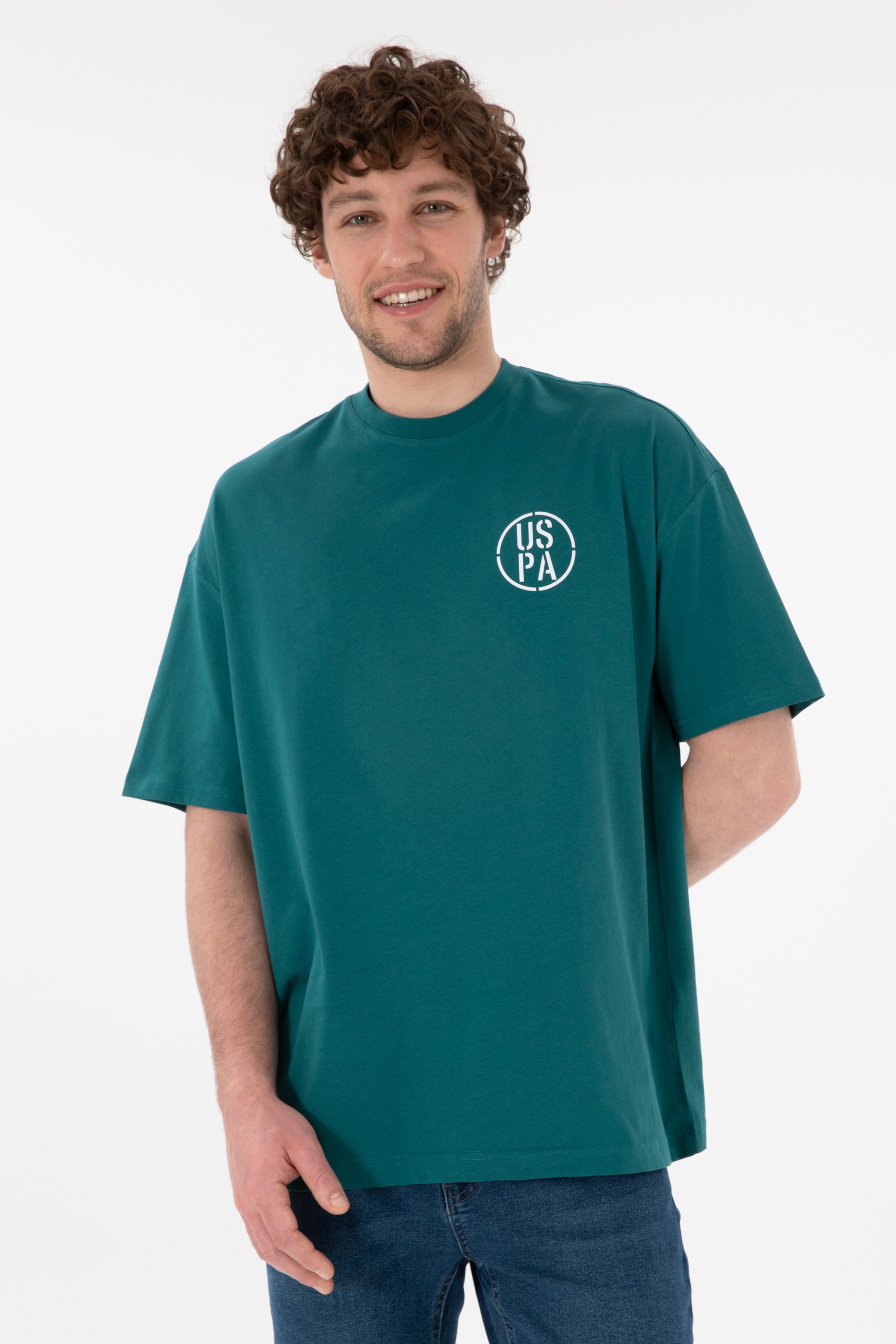 Erkek Oversize Fit Bisiklet Yaka Koyu Yeşil Tişört - Image 2