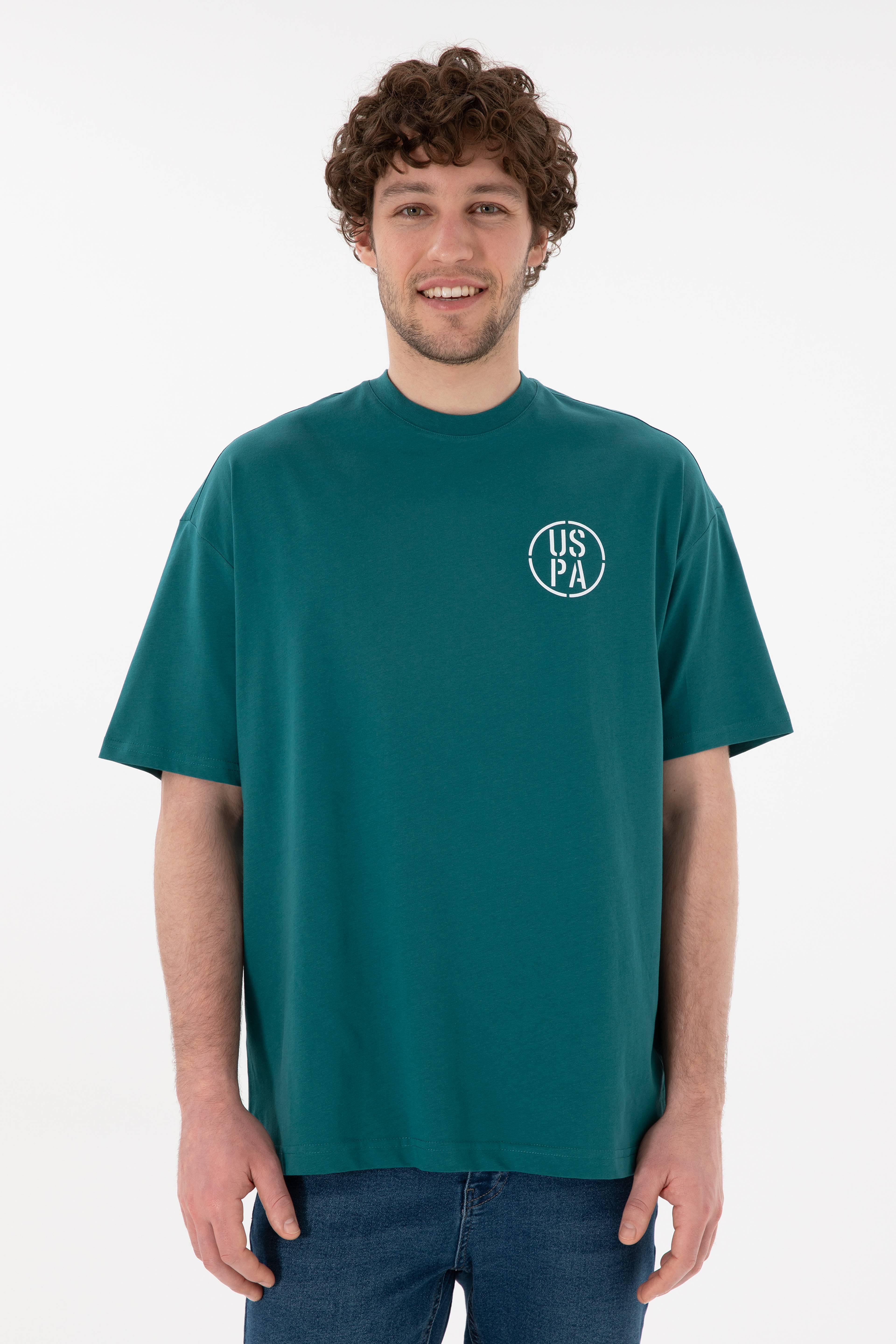 Erkek Oversize Fit Bisiklet Yaka Koyu Yeşil Tişört - Image 4