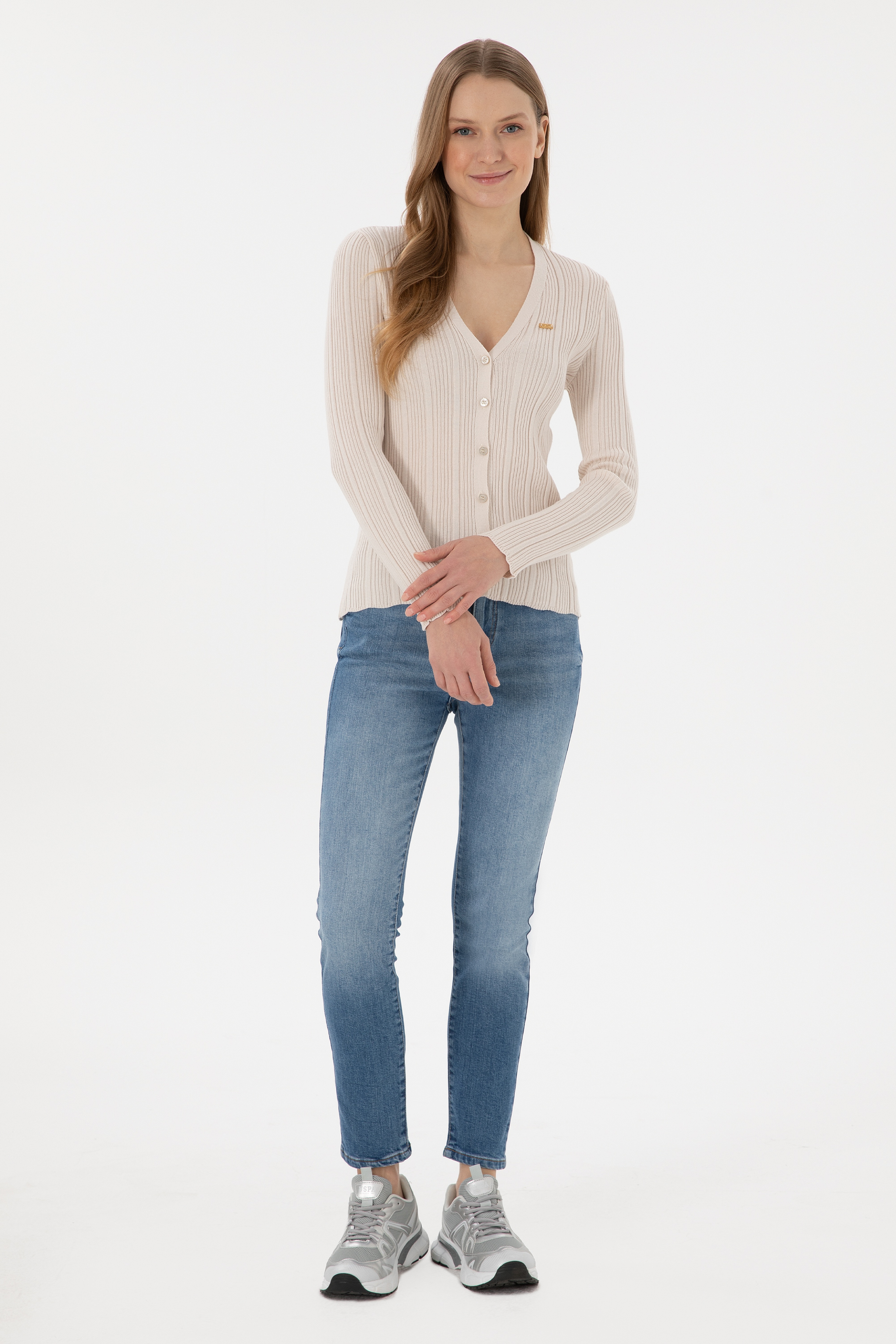 Kadın Krem Basic Triko Hırka - Image 4