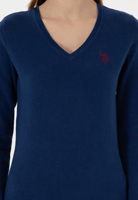 Kadın İndigo V Yaka Basic Kazak - 50293542112