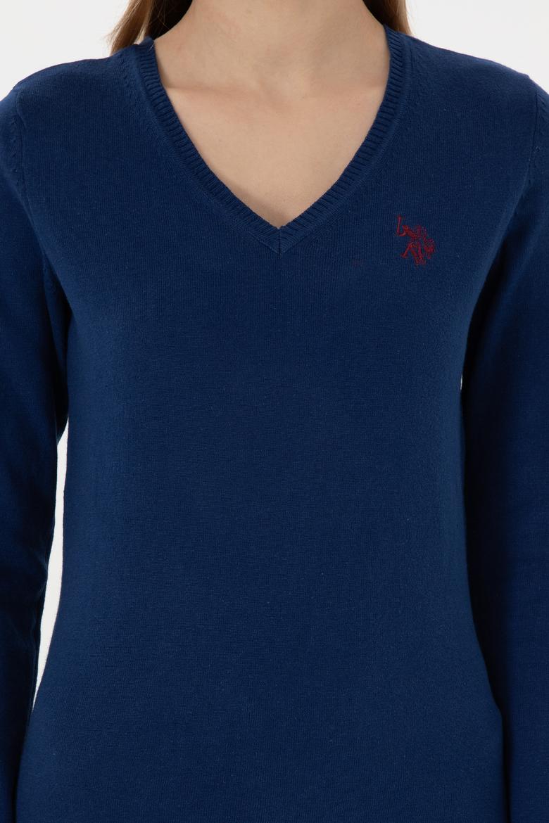 Kadın İndigo V Yaka Basic Kazak - 50293542112