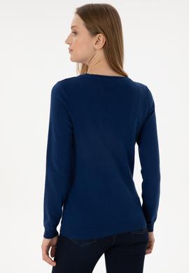 Kadın İndigo V Yaka Basic Kazak - 50293542112