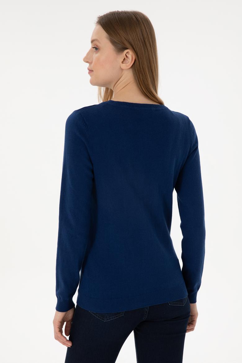 Kadın İndigo V Yaka Basic Kazak - 50293542112