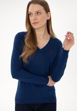 Kadın İndigo V Yaka Basic Kazak - 50293542112