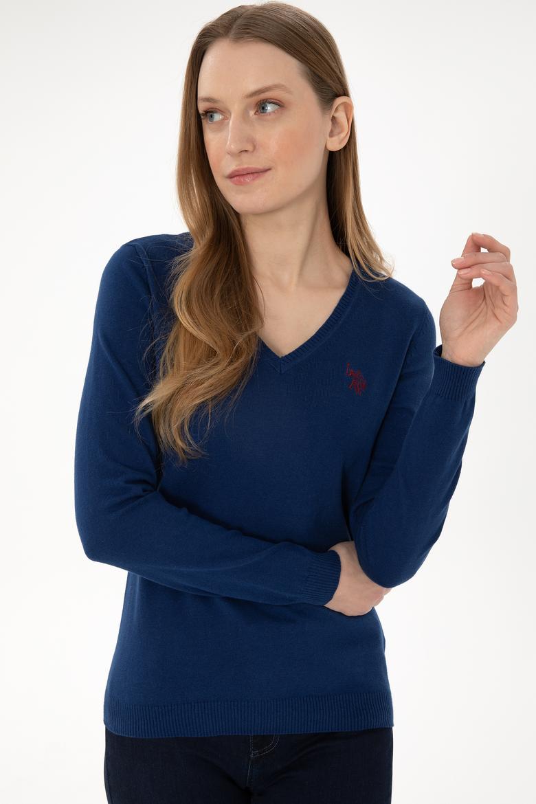 Kadın İndigo V Yaka Basic Kazak - 50293542112