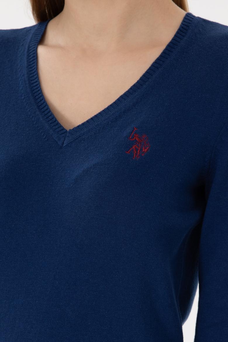 Kadın İndigo V Yaka Basic Kazak - 50293542112