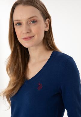 Kadın İndigo V Yaka Basic Kazak - 50293542112