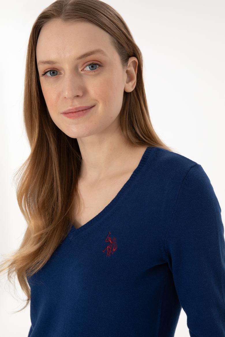 Kadın İndigo V Yaka Basic Kazak - 50293542112