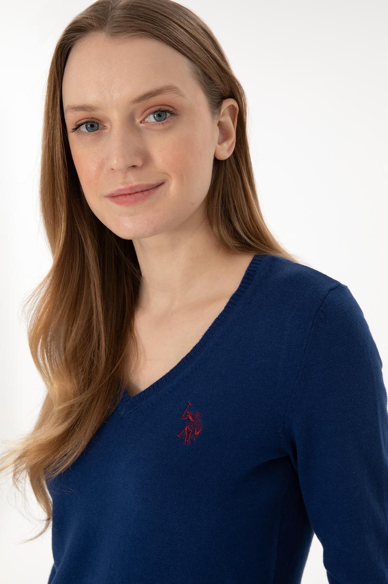 Kadın İndigo V Yaka Basic Kazak