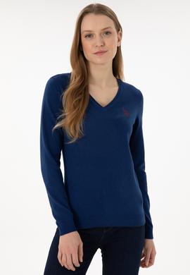 Kadın İndigo V Yaka Basic Kazak - 50293542112