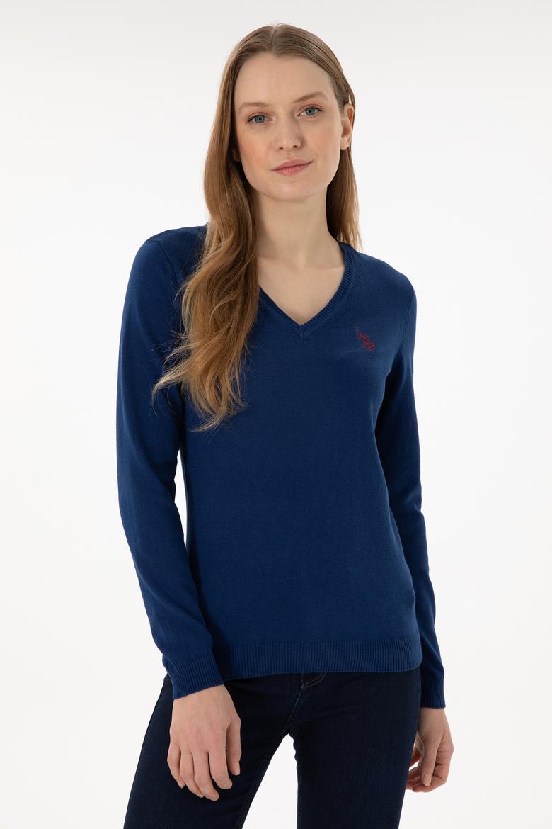 Kadın İndigo V Yaka Basic Kazak