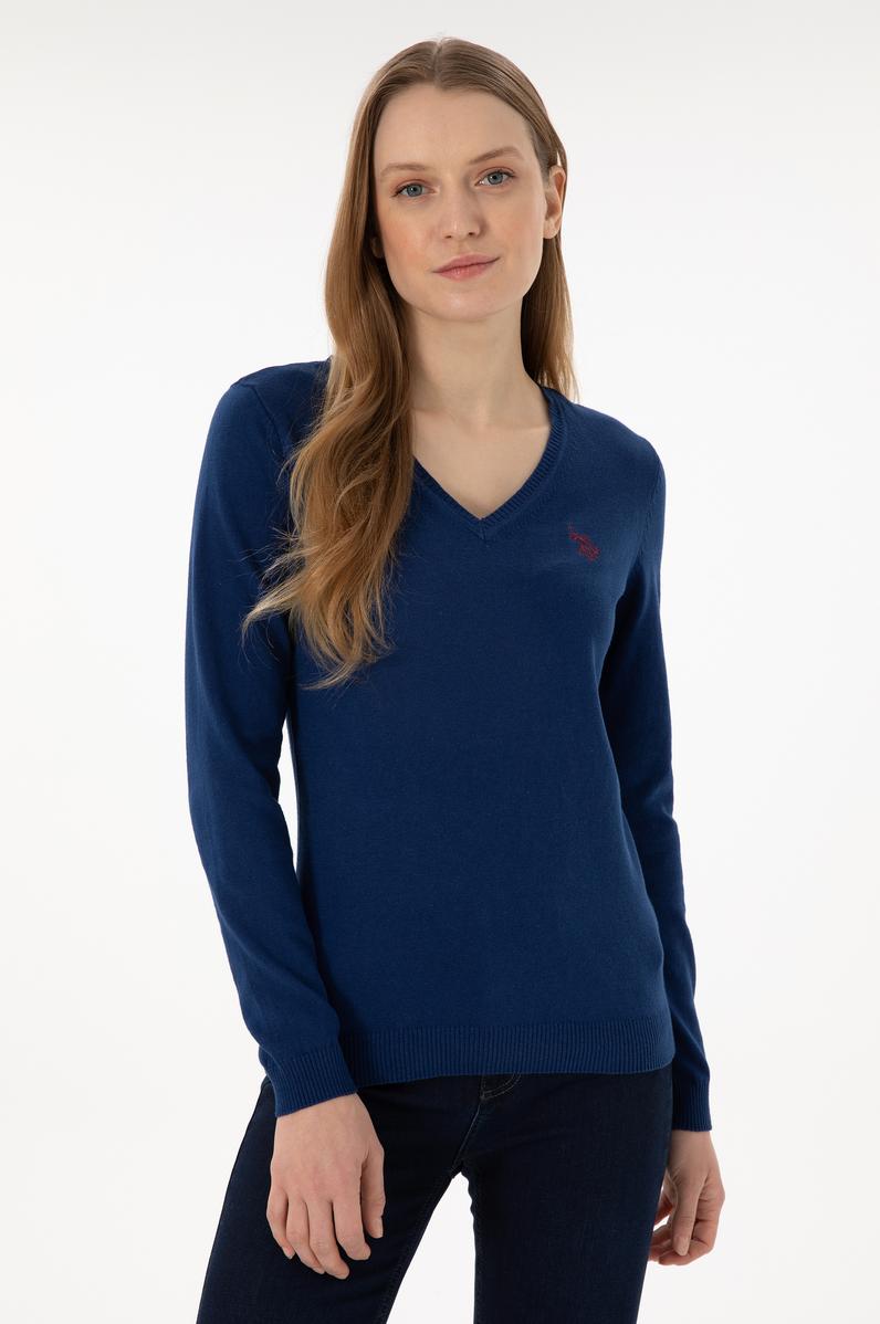 Kadın İndigo V Yaka Basic Kazak