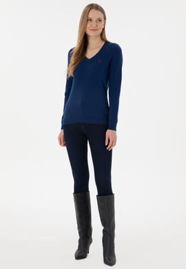 Kadın İndigo V Yaka Basic Kazak - 50293542112