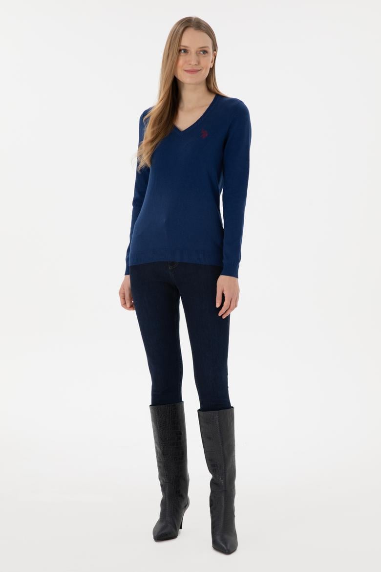 Kadın İndigo V Yaka Basic Kazak - 50293542112