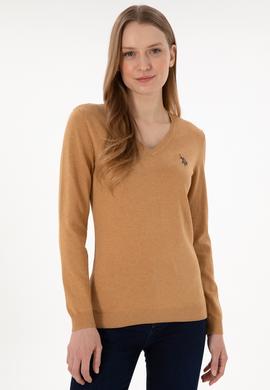 Kadın Camel Melanj V Yaka Basic Kazak - 50293542077