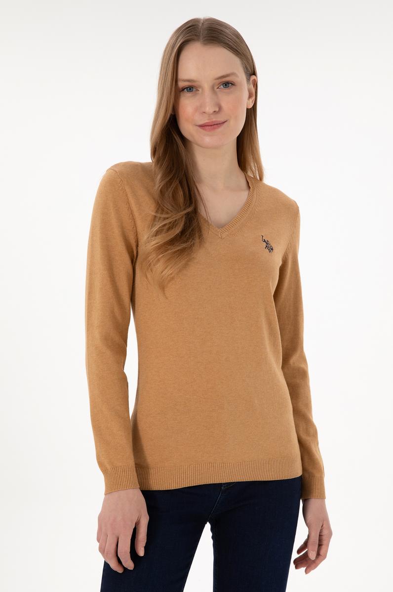 Kadın Camel Melanj V Yaka Basic Kazak