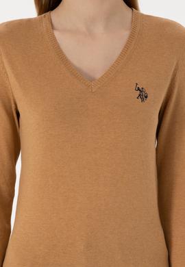 Kadın Camel Melanj V Yaka Basic Kazak - 50293542077