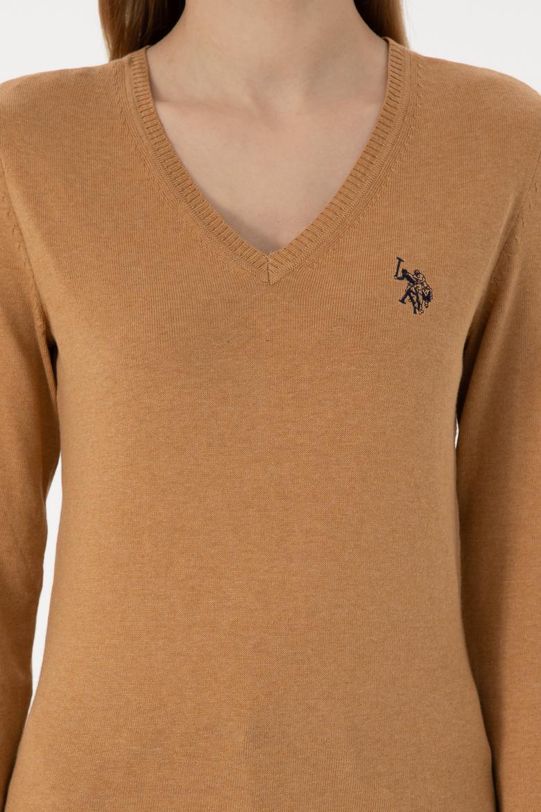 Kadın Camel Melanj V Yaka Basic Kazak - 50293542077