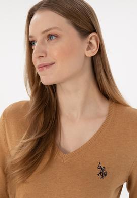 Kadın Camel Melanj V Yaka Basic Kazak - 50293542077