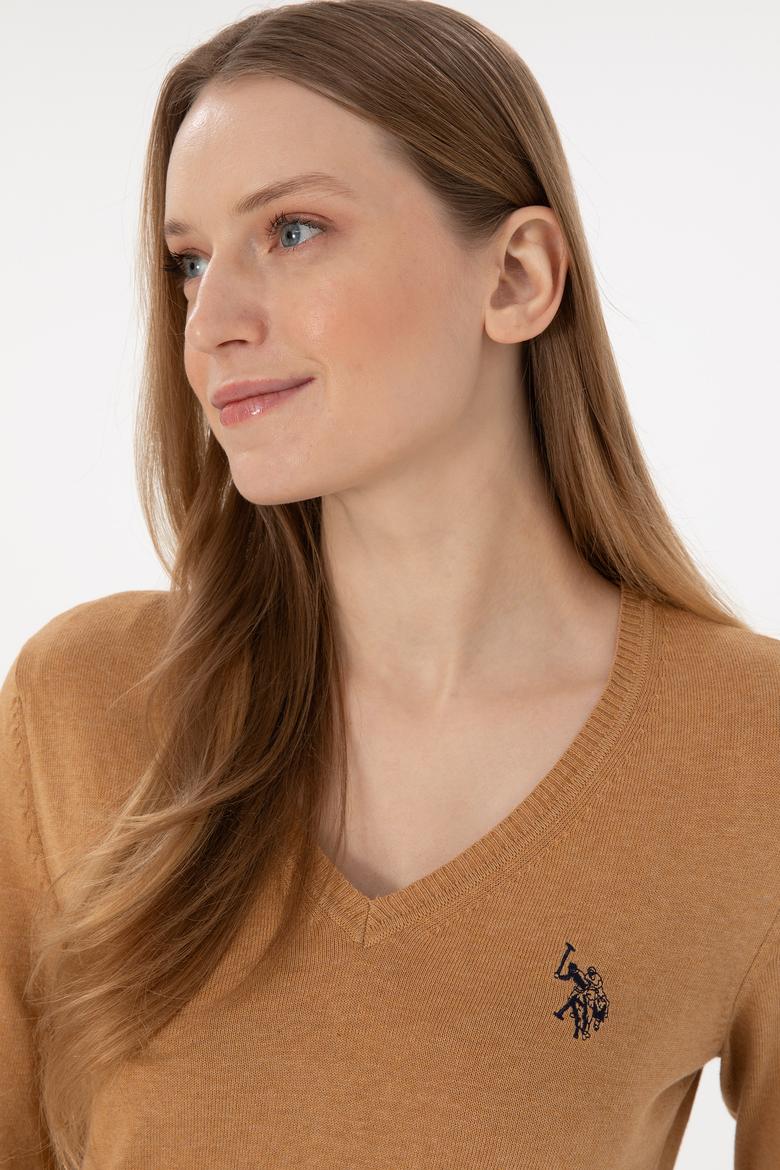 Kadın Camel Melanj V Yaka Basic Kazak - 50293542077