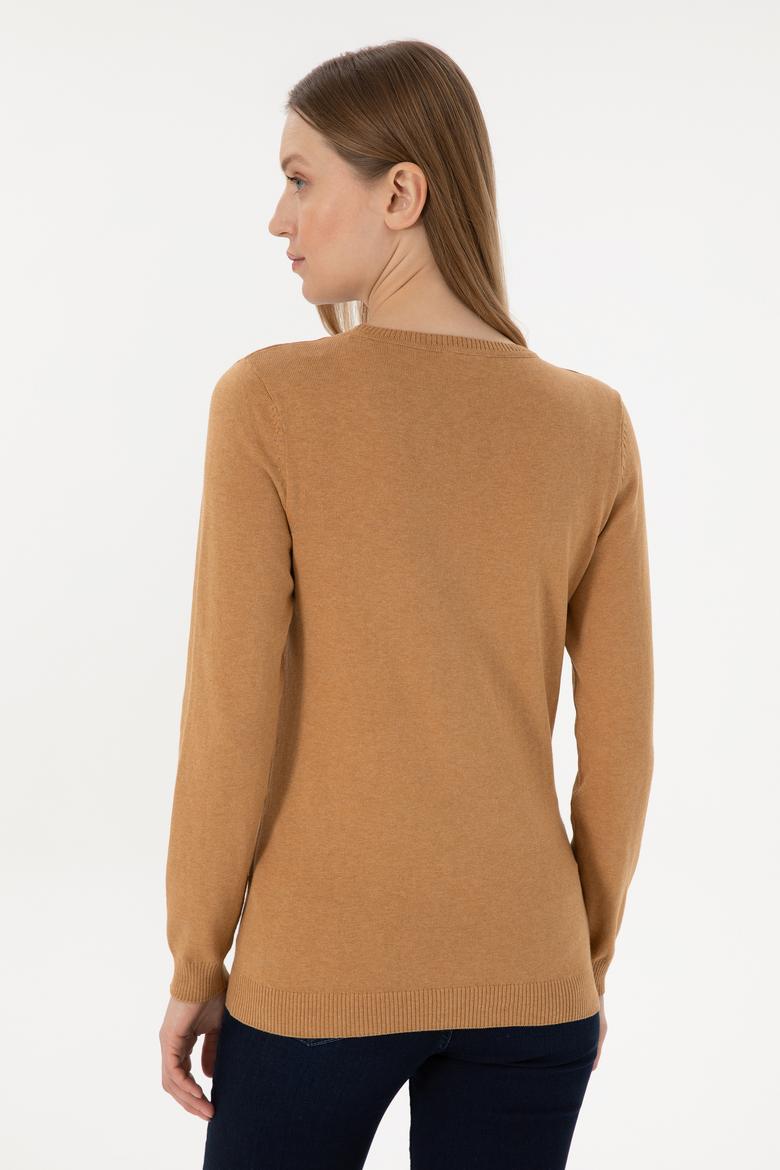 Kadın Camel Melanj V Yaka Basic Kazak - 50293542077