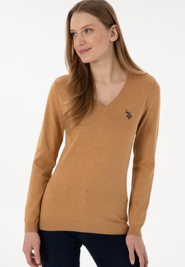 Kadın Camel Melanj V Yaka Basic Kazak - 50293542077