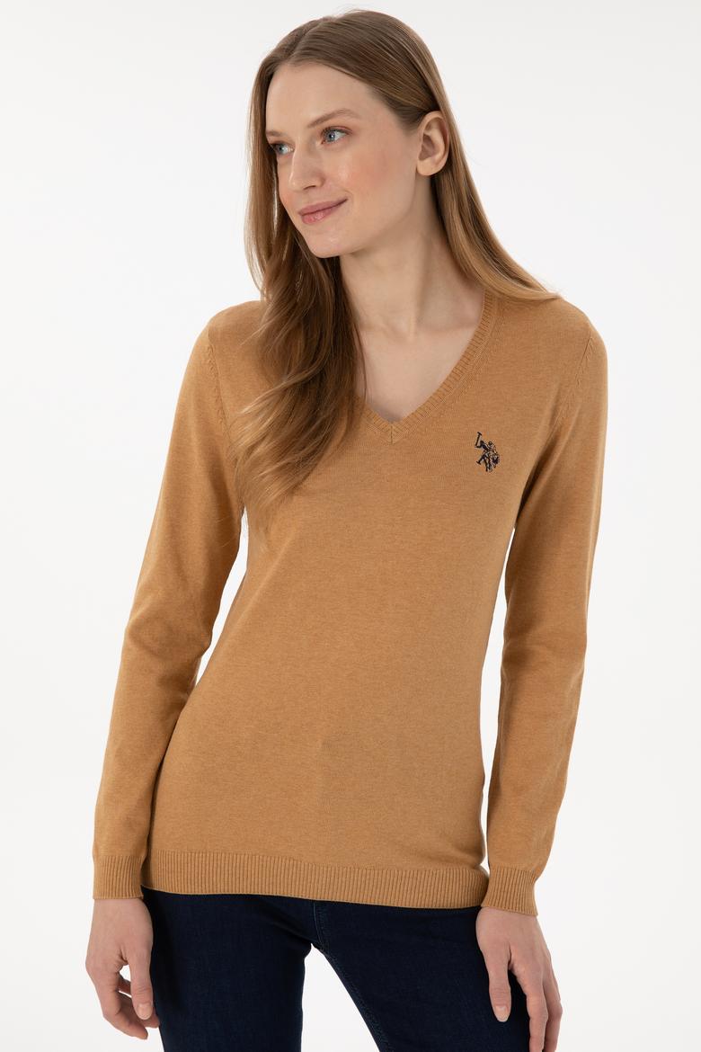 Kadın Camel Melanj V Yaka Basic Kazak - 50293542077