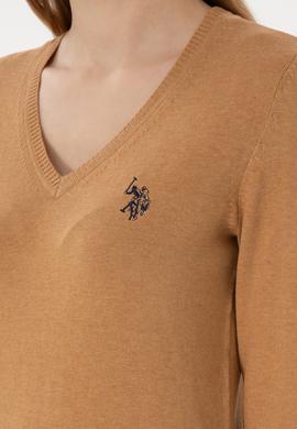 Kadın Camel Melanj V Yaka Basic Kazak - 50293542077