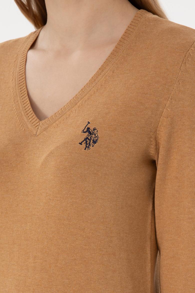 Kadın Camel Melanj V Yaka Basic Kazak - 50293542077