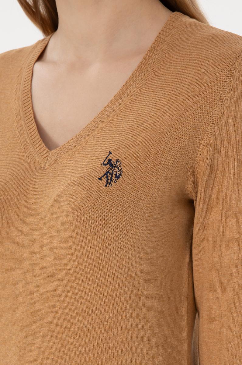 Kadın Camel Melanj V Yaka Basic Kazak