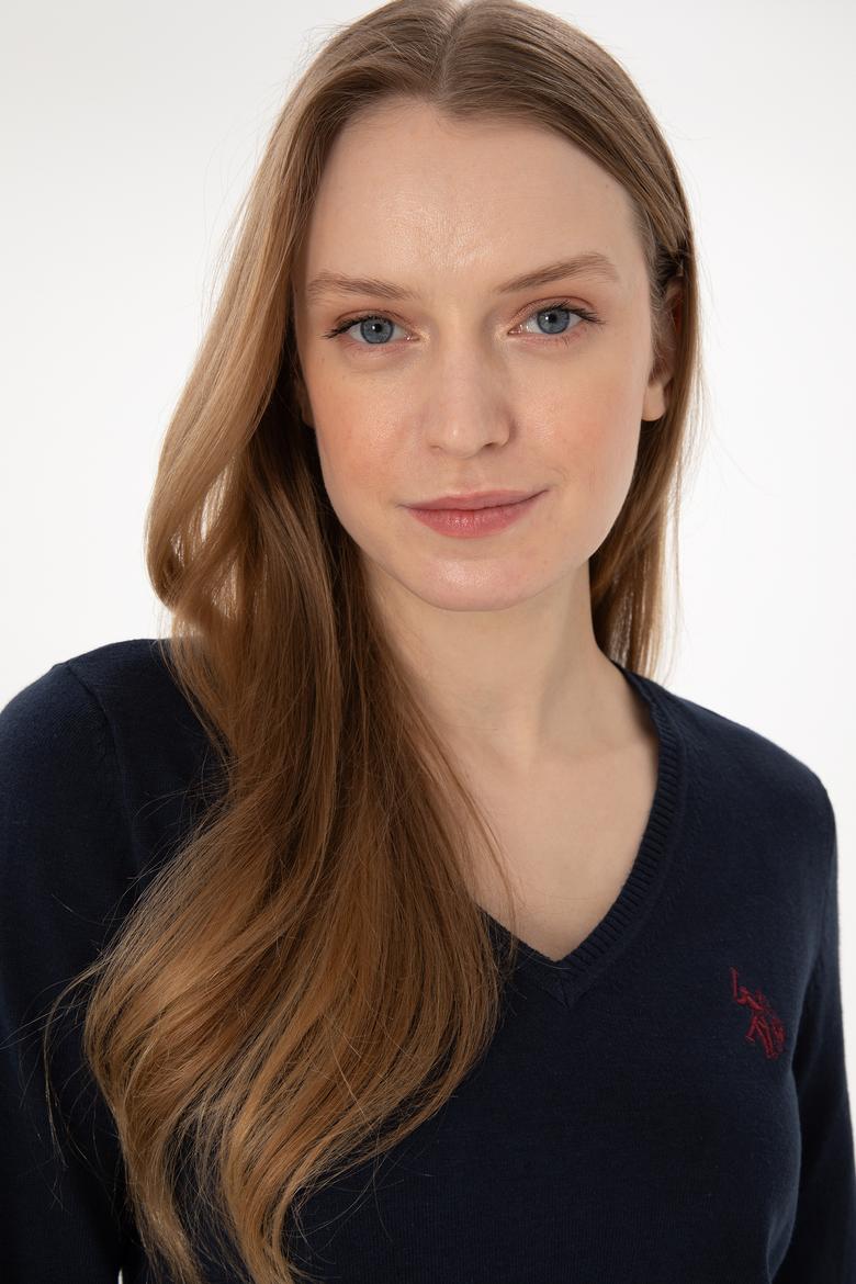 Kadın Lacivert V Yaka Basic Kazak - 50293542001