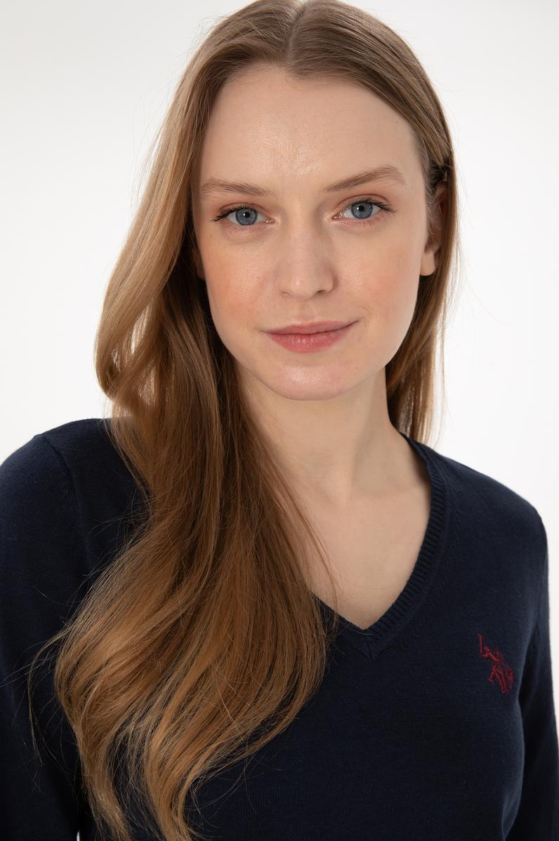 Kadın Lacivert V Yaka Basic Kazak