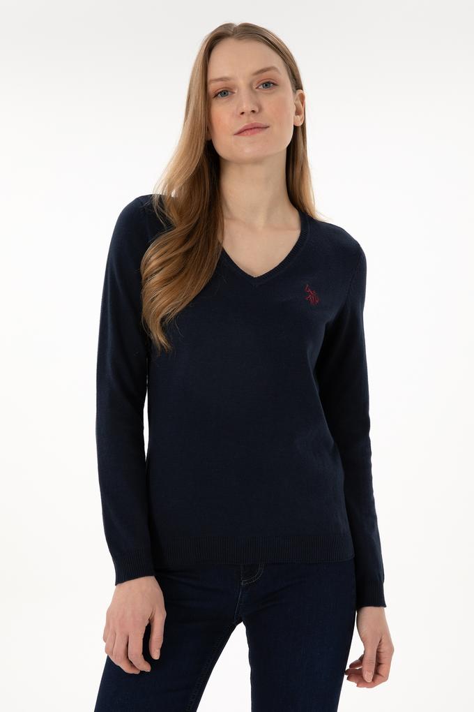 Kadın Lacivert V Yaka Basic Kazak