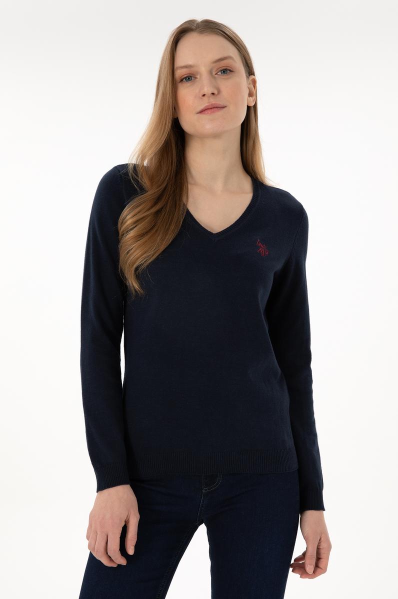 Kadın Lacivert V Yaka Basic Kazak
