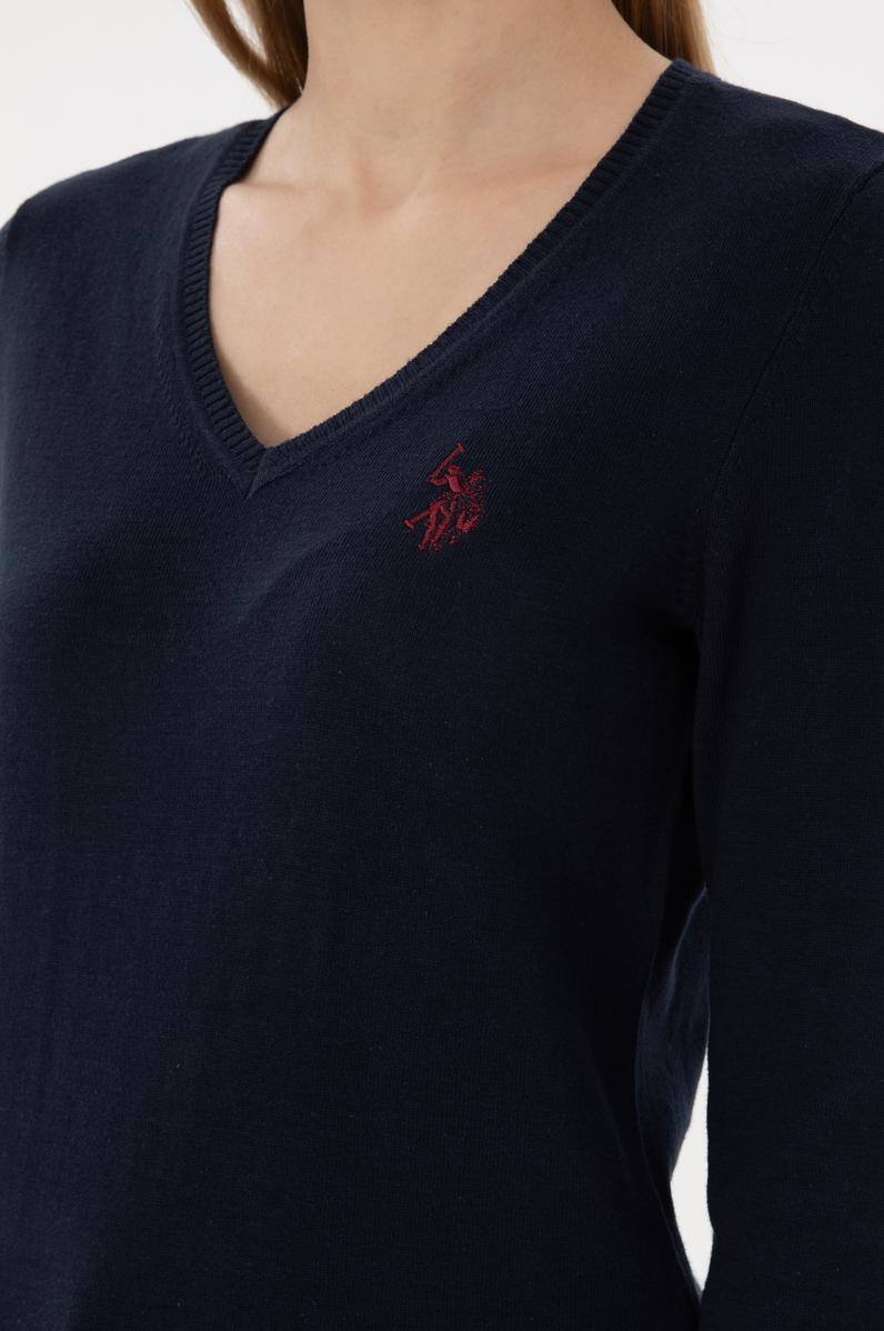 Kadın Lacivert V Yaka Basic Kazak