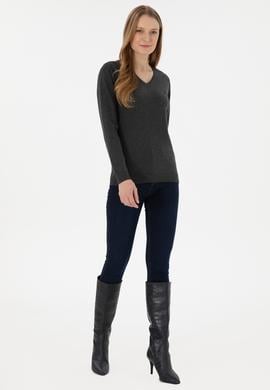 Kadın Antrasit V Yaka Basic Kazak - 50251903021