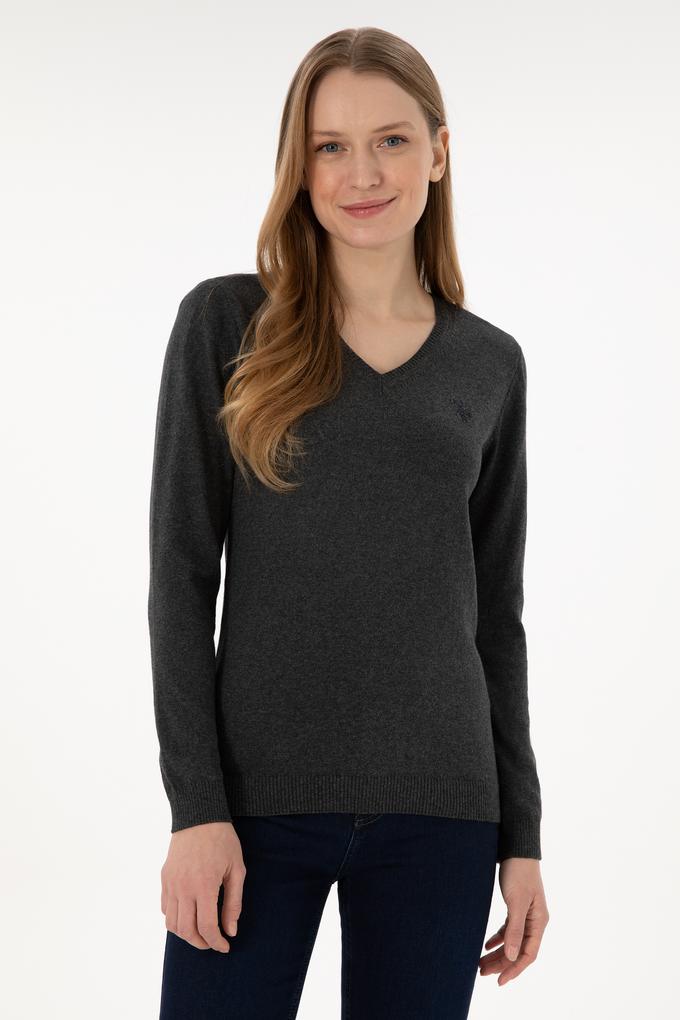 Kadın Antrasit V Yaka Basic Kazak