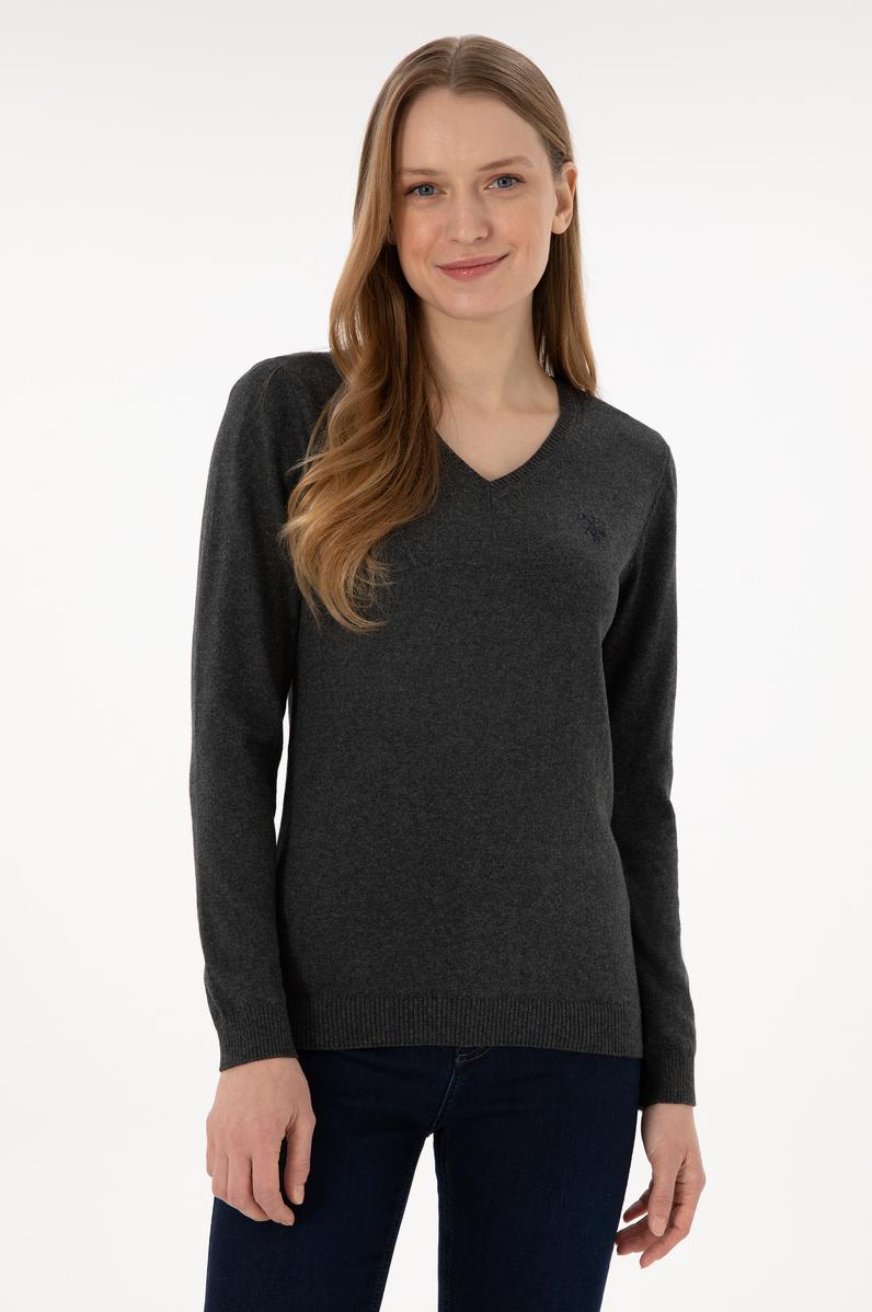 Kadın Antrasit V Yaka Basic Kazak