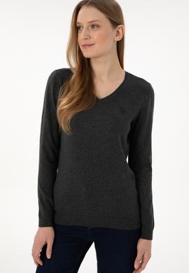 Kadın Antrasit V Yaka Basic Kazak - 50251903021