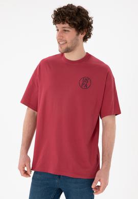 Erkek Oversize Fit Bisiklet Yaka Vişne Tişört - 50305904115