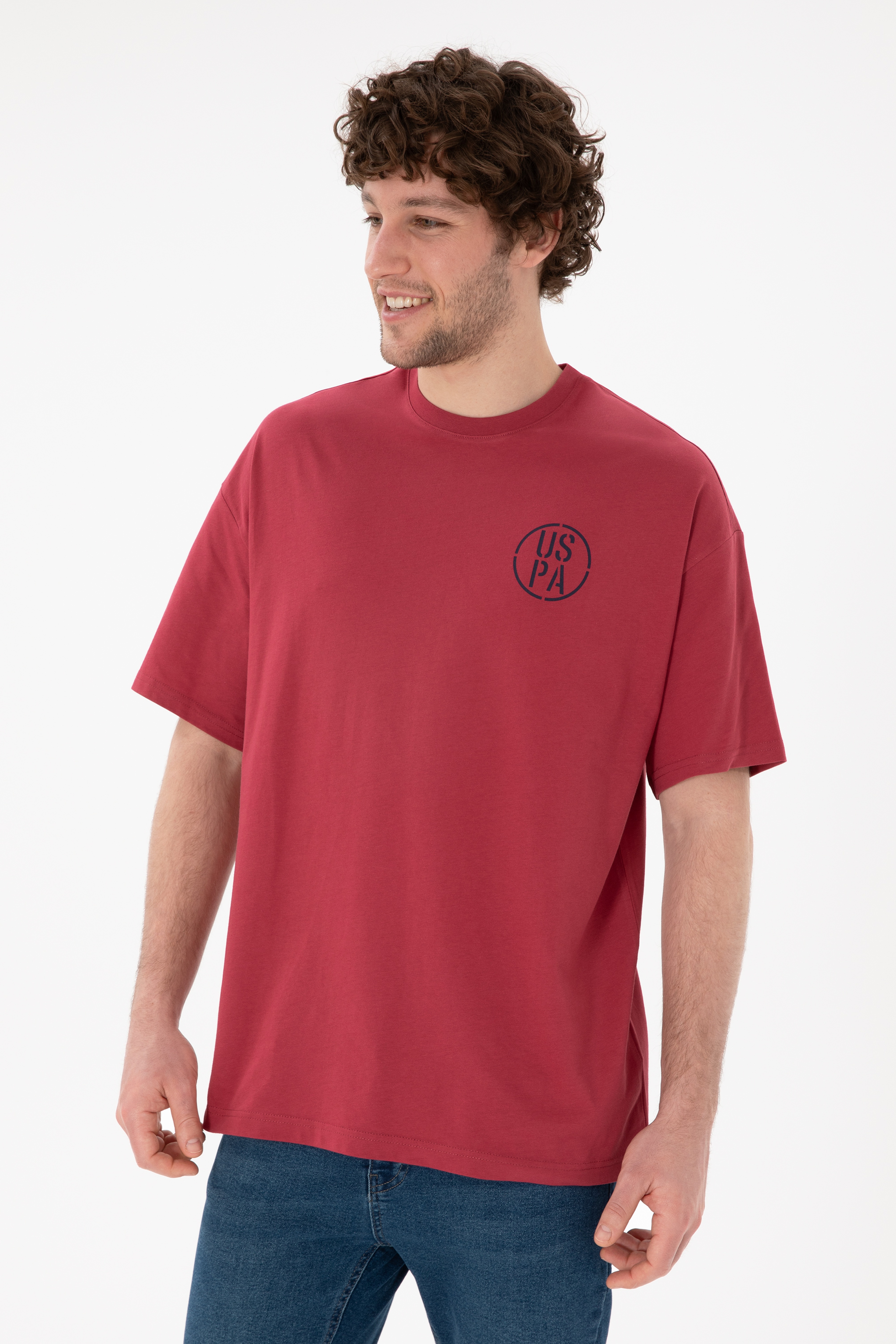 Erkek Oversize Fit Bisiklet Yaka Vişne Tişört