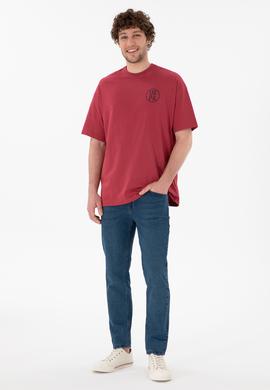 Erkek Oversize Fit Bisiklet Yaka Vişne Tişört - 50305904115