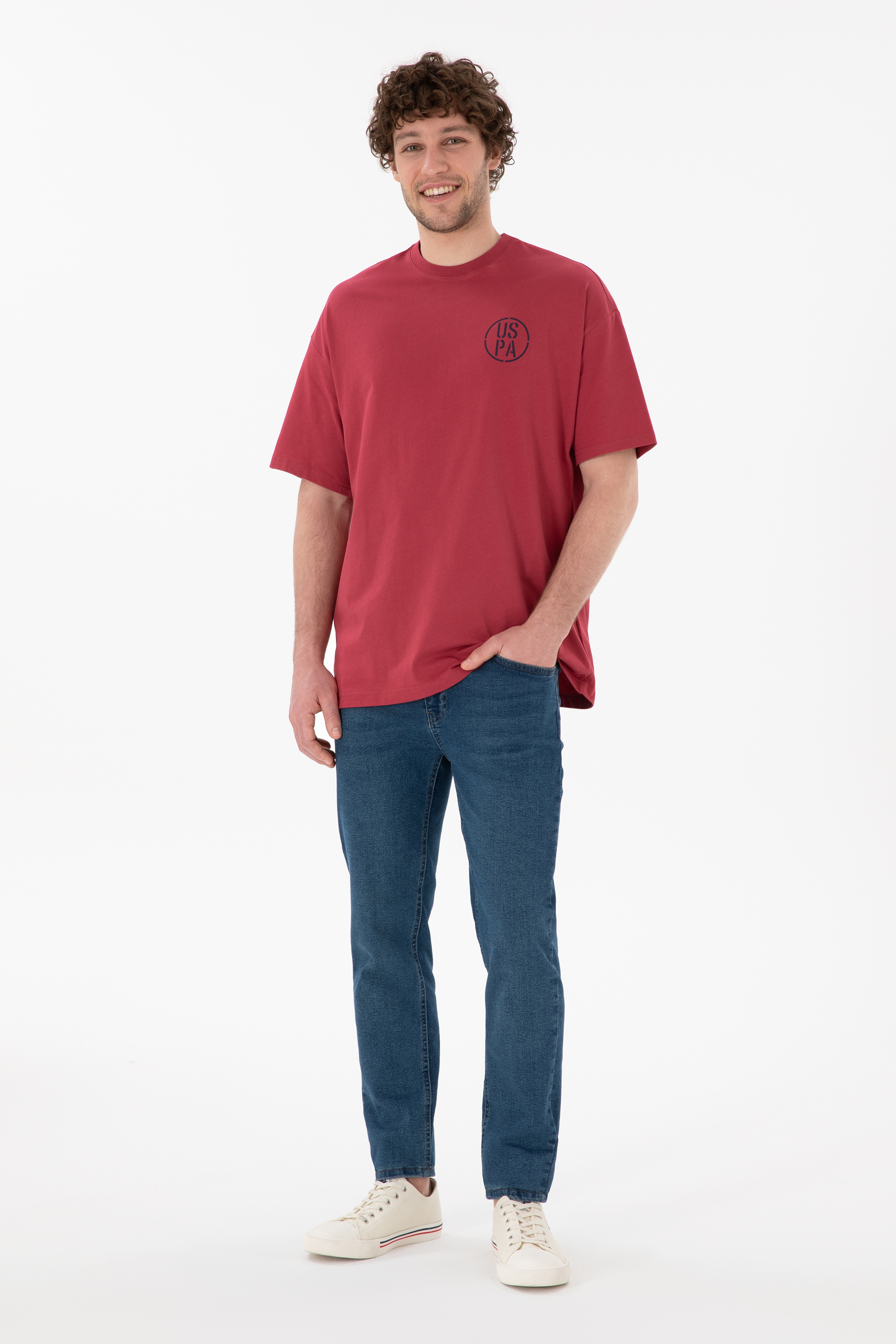 Erkek Oversize Fit Bisiklet Yaka Vişne Tişört - Image 5