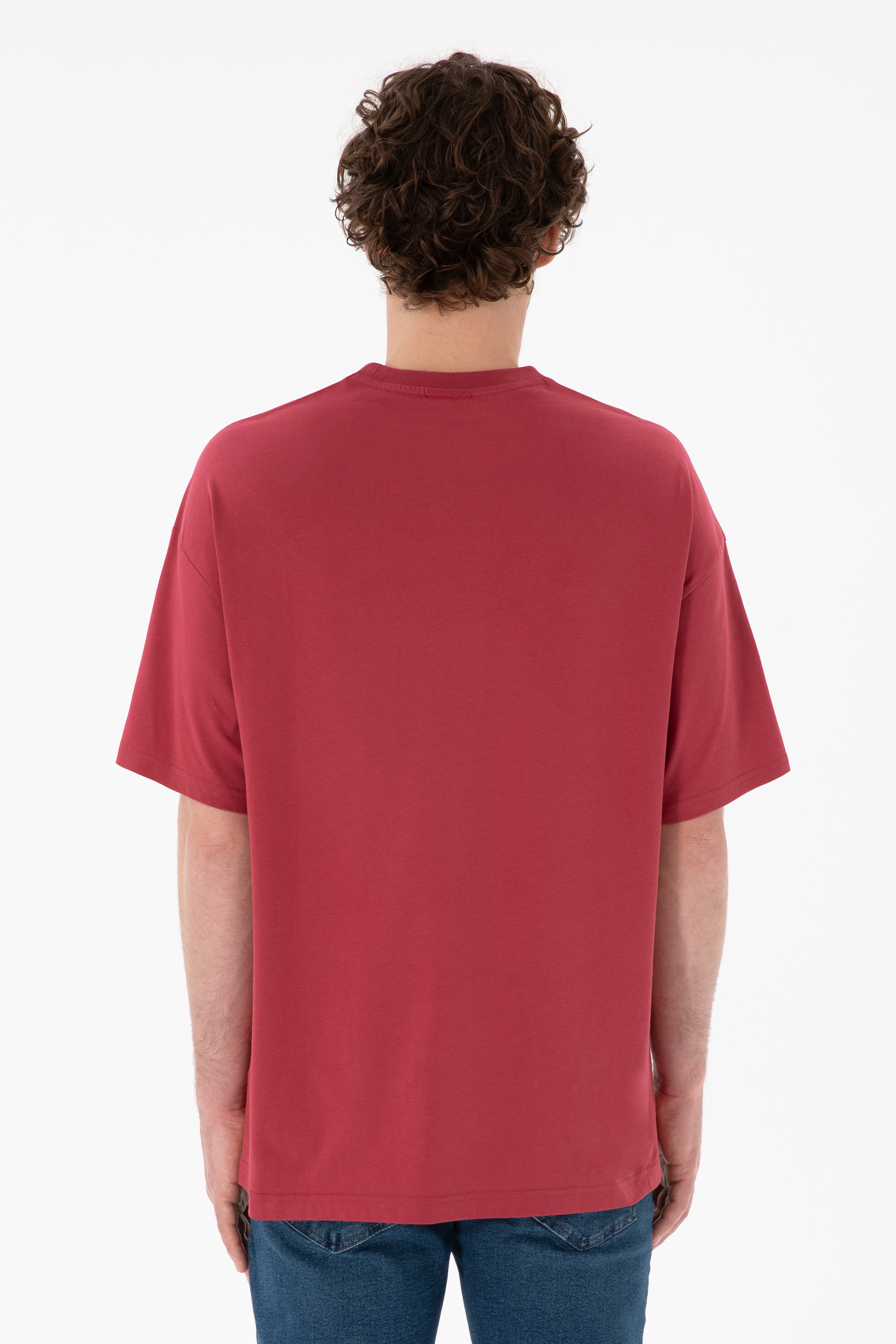 Erkek Oversize Fit Bisiklet Yaka Vişne Tişört