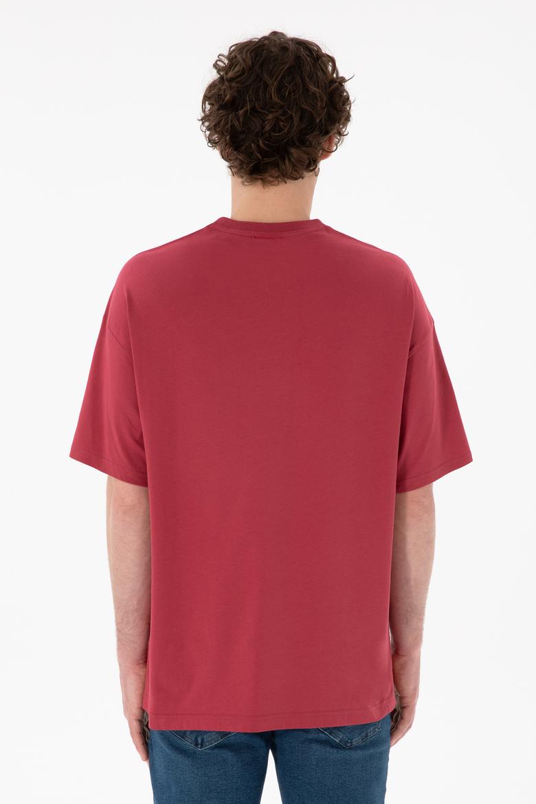 Erkek Oversize Fit Bisiklet Yaka Vişne Tişört - 50305904115