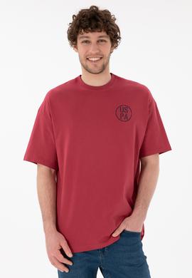 Erkek Oversize Fit Bisiklet Yaka Vişne Tişört - 50305904115