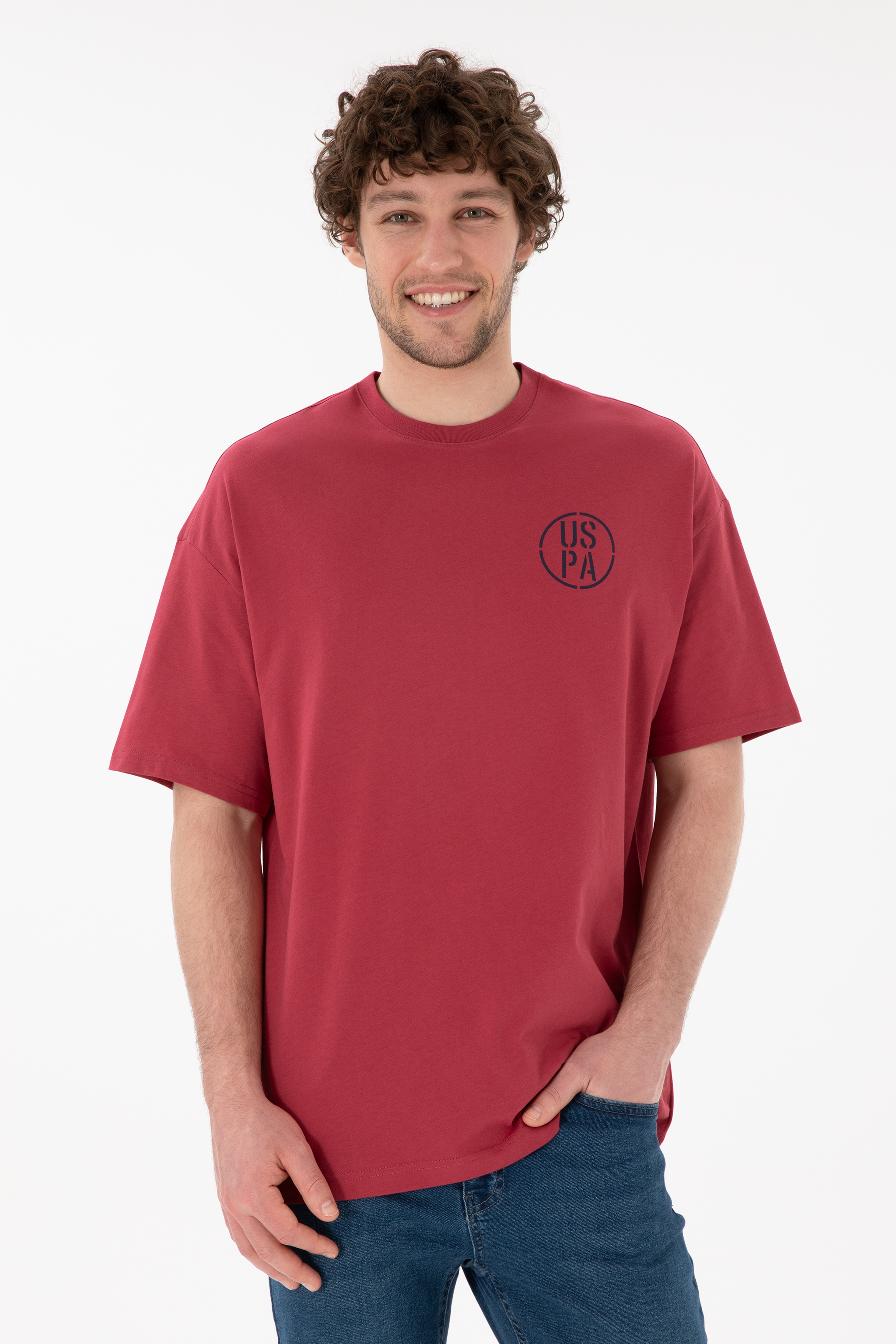 Erkek Oversize Fit Bisiklet Yaka Vişne Tişört - Image 1
