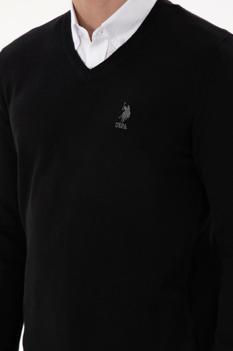 Erkek Slim Fit V Yaka Siyah Basic Kazak