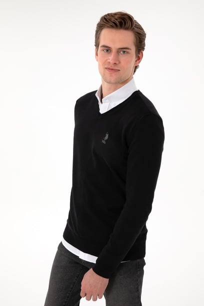 Erkek Slim Fit V Yaka Siyah Basic Kazak